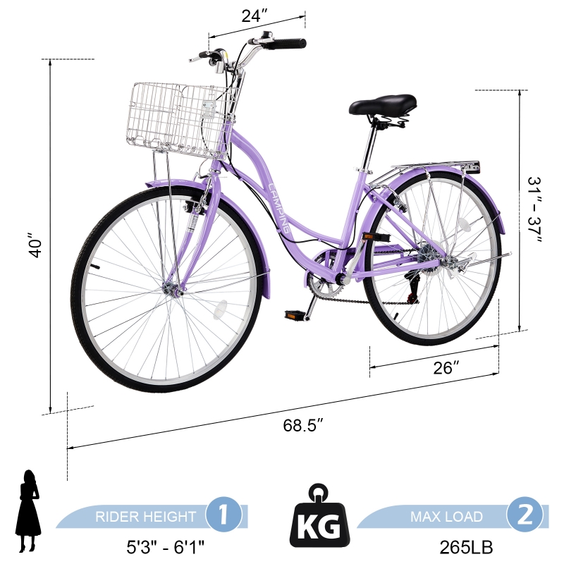 Ktaxon 26" Womens Bike, 7 Speed Cruiser Bike for Adults Women with Basket & Rack, Step Through City Bikes, Purple - ktaxon Ktaxon 26" Womens Bike, 7 Speed Cruiser Bike for Adults Women with Basket & Rack, Step Through City Bikes, Purple - ktaxon