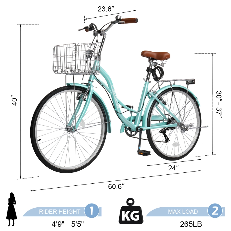 Ktaxon 24" Womens Bike, 7 Speed Cruiser Bike for Adults Women with Basket &  Rack, Locks, Step Through City Bikes, Green - ktaxon