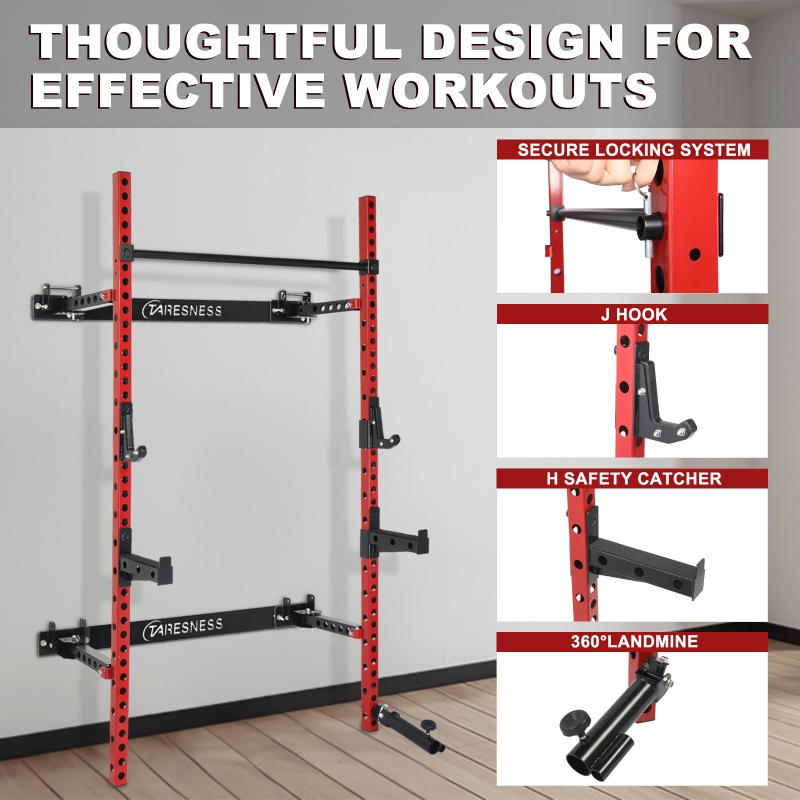 Ktaxon Folding Wall Mounted Squat Rack 1000 Pounds Capacity Power Rack with Pull Up Bar J Hooks Safety Arm Landmine and Other Attachments Space Saving Home Gym ktaxon