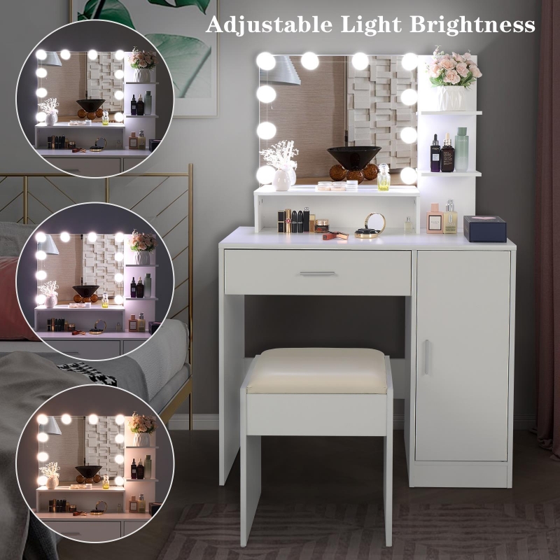 Vanity Desk with Lights Mirror,Large Makeup Vanity with Lights & Charging  Station,Vanity Desk with Storage Shelf and 5 Drawers,4 Cabinets & Time  Display, White 