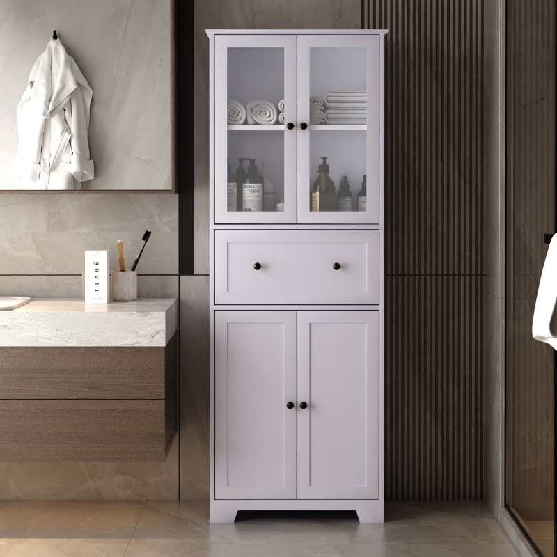 Tall Bathroom Storage Cabinet with Glass Doors,Open Compartment Adjustable  Shelves, Bathroom Kitchen Large Linen Cabinet, White 