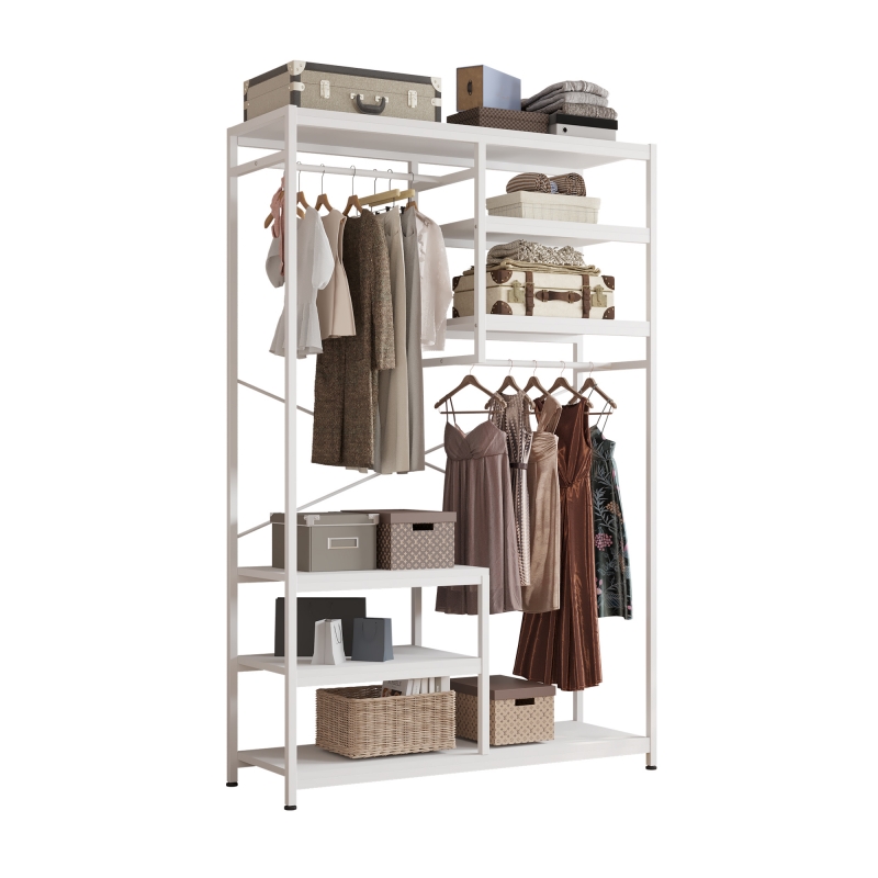 Freestanding Closet Organizer with 4 Drawers,Heavy Duty Clothes Garment  Rack with Shelves and Double Hanging Rod, Metal Clothing Rack Wardrobe for