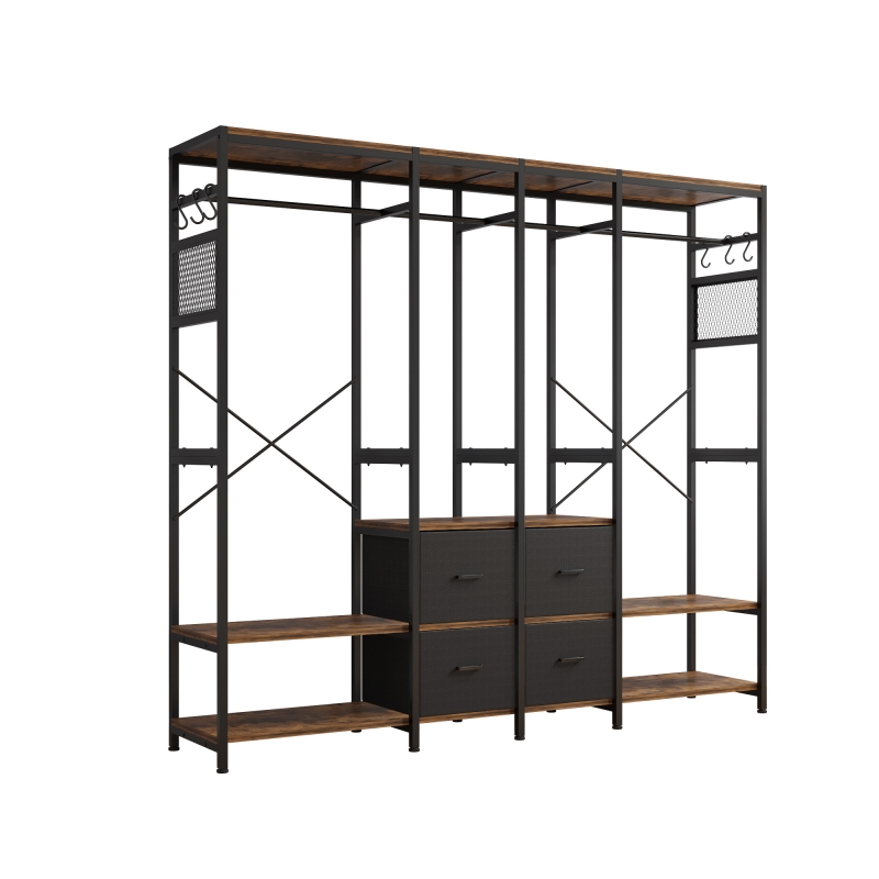 Free-Standing Closet Clothing Rack, Metal Closet Organizer System with Shelves - Brown&Black