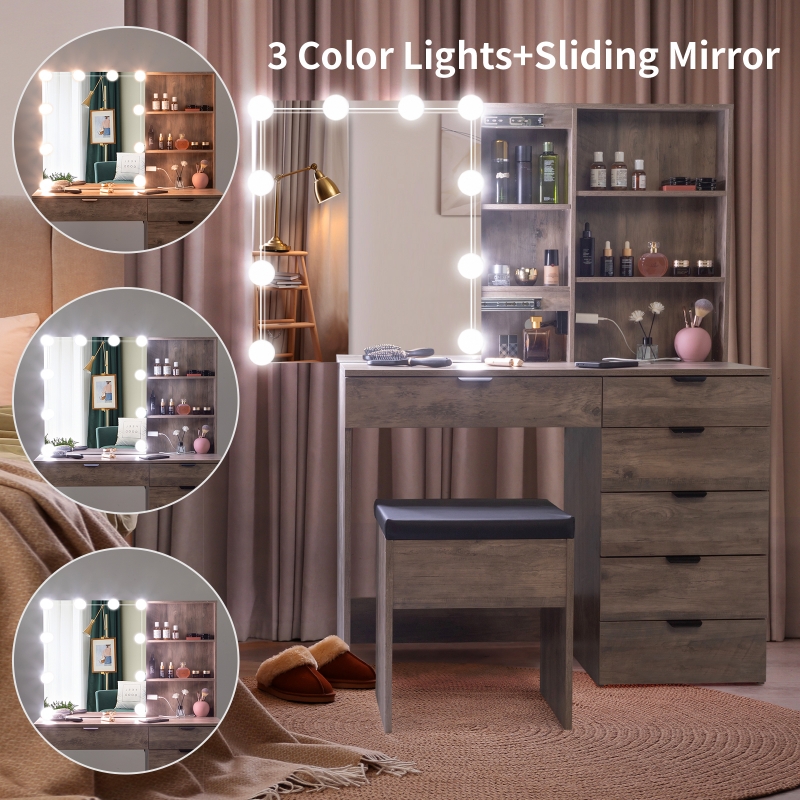 Vanity Set Led Lighted with Sliding Mirror Makeup Dressing Table