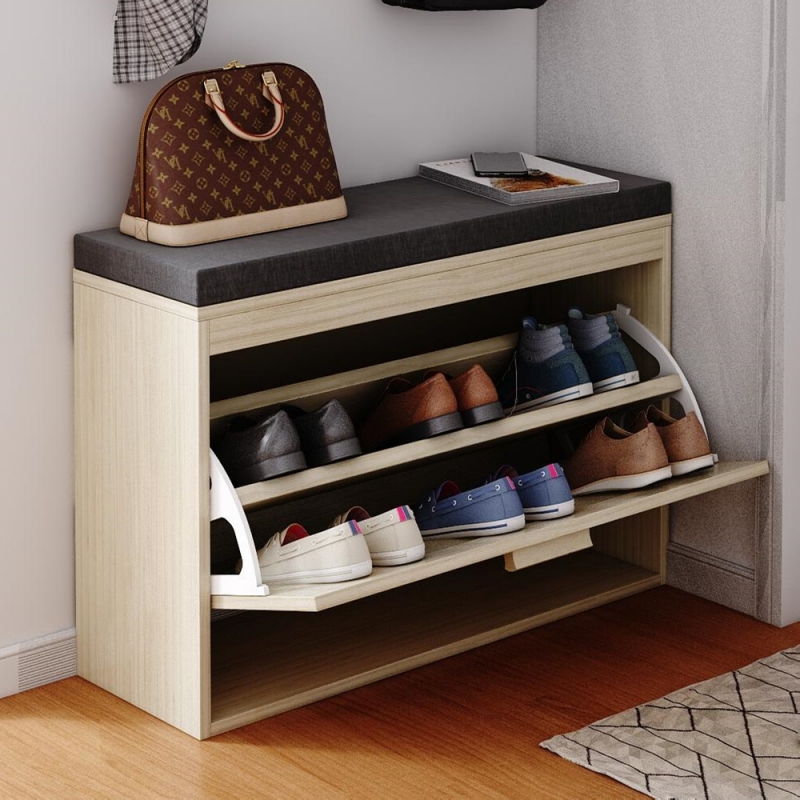 Ktaxon Entryway Storage Bench with Rattan Flip Drawer Padded Seat Cushion Hallway Bench Shoe Cabinet Shoe Bench Natural ktaxon