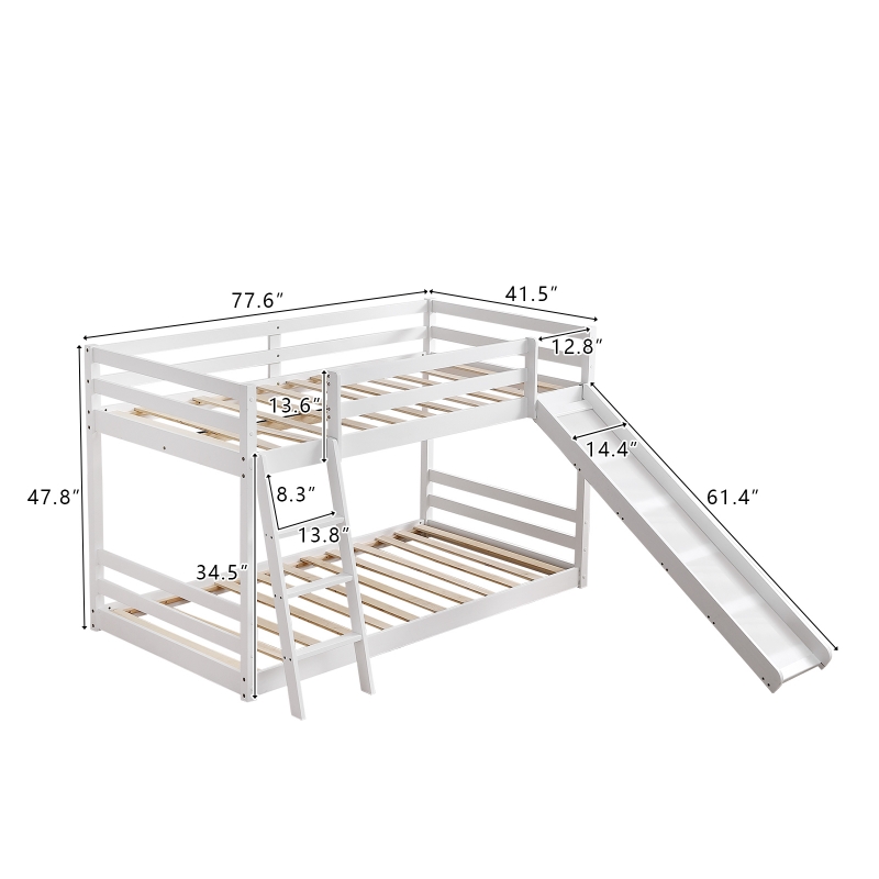 Ktaxon Solid Wood Low Twin Over Twin Bunk Bed Wih Slide for Kids