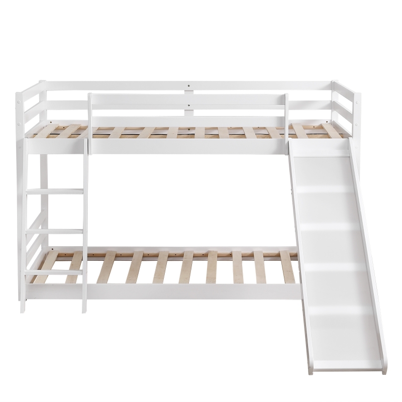 Ktaxon Solid Wood Low Twin Over Twin Bunk Bed Wih Slide for Kids