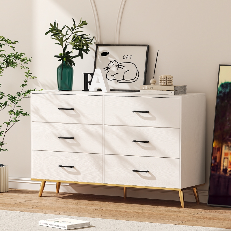 Ktaxon Wood Dresser for Bedroom, 6 Drawer Double Dresser with Metal Handles,  15.8" D x 52.3" W x 33" H, White - ktaxon
