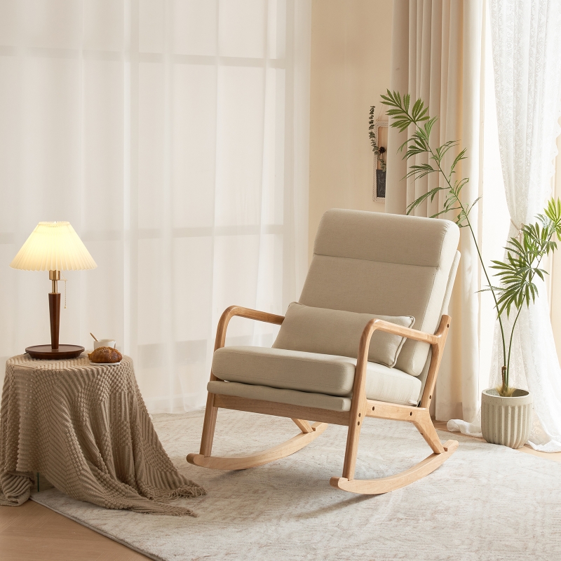 Ktaxon Mid Century Rocking Nursery Chair Solid Wood Frame Accent Chair Line fabric Upholstered Glider Rocker Modern Padded Armchair with Lumbar Pillow Beige ktaxon