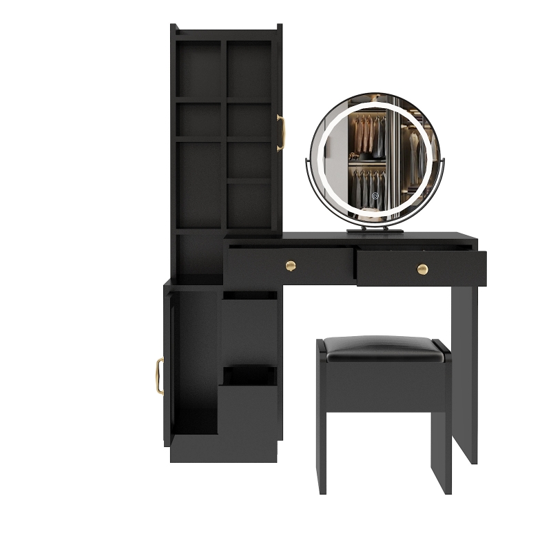 Ktaxon Dressing Table Set with 3-Color Lighted Mirror, Vanity Table &  Cushioned Stool with USB Charging Station, Makeup Table Set for Women,Black  - ktaxon