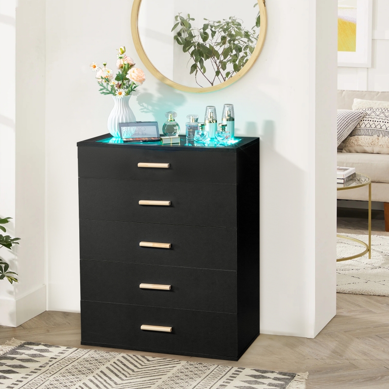 Ktaxon Black Dresser with LED Lights for Bedroom, 5 Drawer Dressers with  Tempered Glass Top,Chests of Drawers with Grid Drawer,Storage Organizer  Dresser for Hallway,Living Room - ktaxon