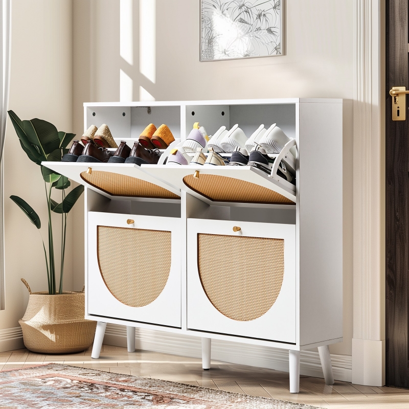 【超歓迎】 Ktaxon Rattan Shoe Cabinet with 4 Flip Drawers 24 Pairs ノート・メモ帳