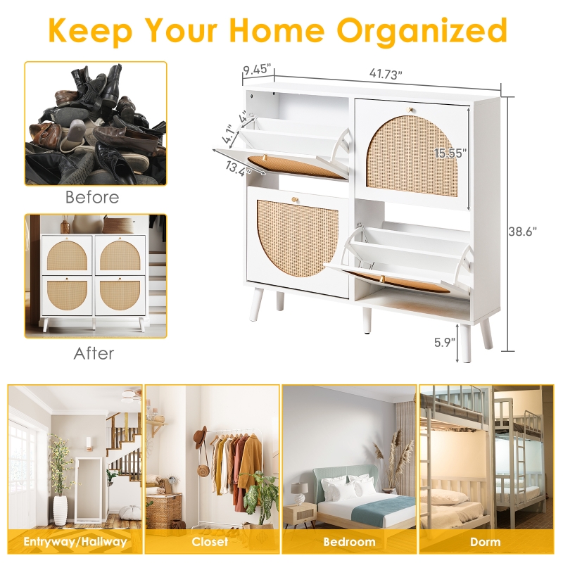 Ktaxon Rattan Shoe Cabinet with 4 Flip Drawers 24 Pairs