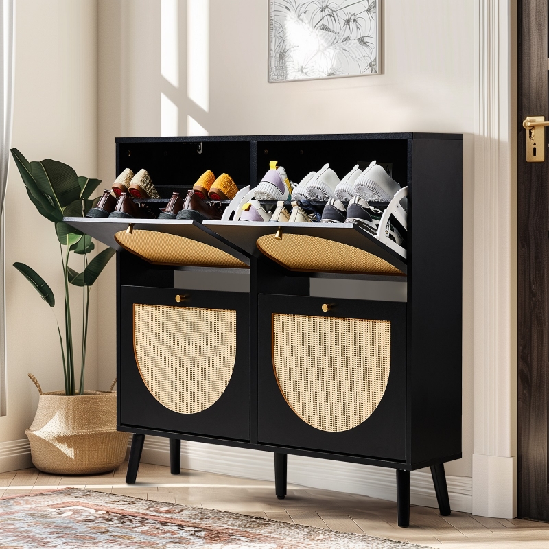 Ktaxon Rattan Shoe Cabinet with 4 Flip Drawers 24 Pairs