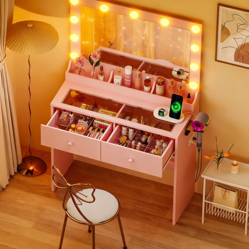 Ktaxon Get Ready with Me GRWM Makeup Vanity Desk with Lighted Mirror, Dressing Table W/Charging Station & Hair Dryer Rack,White - ktaxon Ktaxon Get Ready with Me GRWM Makeup Vanity Desk with Lighted Mirror, Dressing Table W/Charging Station & Hair Dryer Rack,White - ktaxon