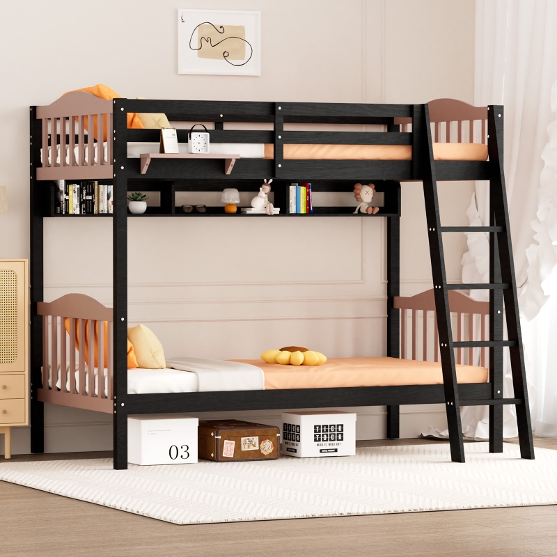 Ktaxon Twin over Twin Bunk Bed, Solid Wood Bed Frame with Guardrails ...
