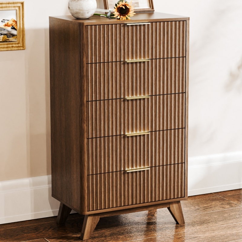 Ktaxon Fluted Large 5 Drawer Dresser Solid Wood Chest of Drawers with Soft Close Slides Storage Cabinet for Bedroom Living Room Entryway Walnut - ktaxon Ktaxon Fluted Large 5 Drawer Dresser Solid Wood Chest of Drawers with Soft Close Slides Storage Cabinet for Bedroom Living Room Entryway Walnut - ktaxon