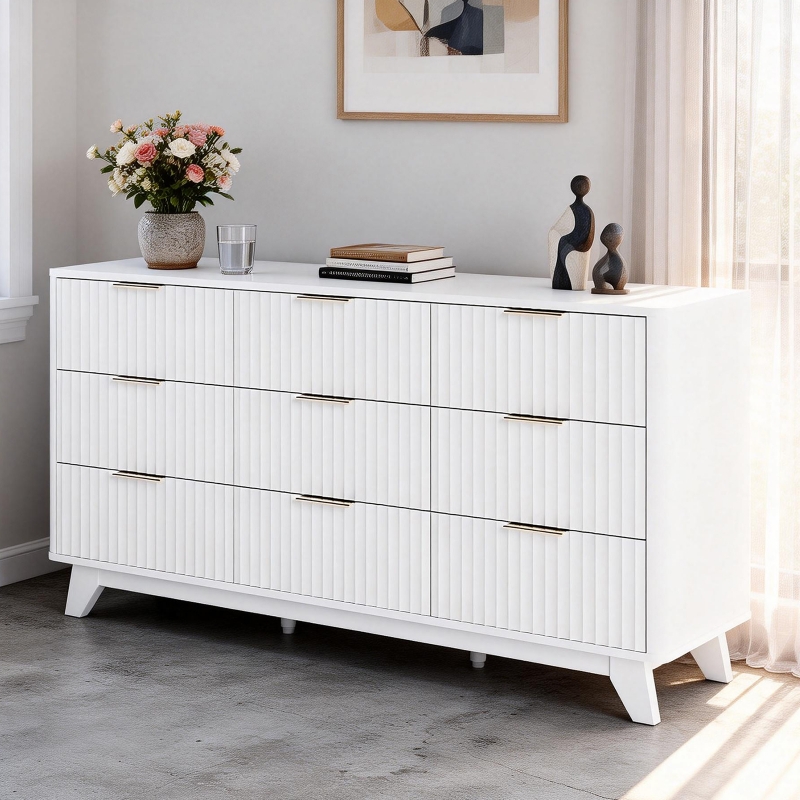 Ktaxon Modern 9 Drawer Dresser Fluted Wood Chest of Drawers with