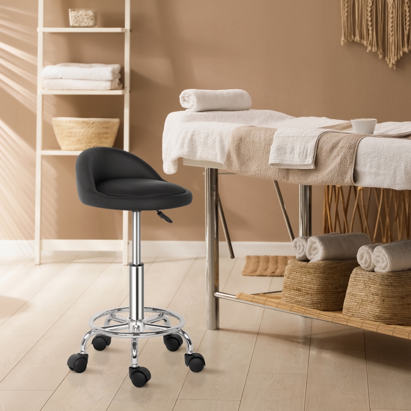 Ktaxon PU Leather Round Rolling Stool with Back Rest Height Adjustable Swivel Drafting Work SPA Task Chair