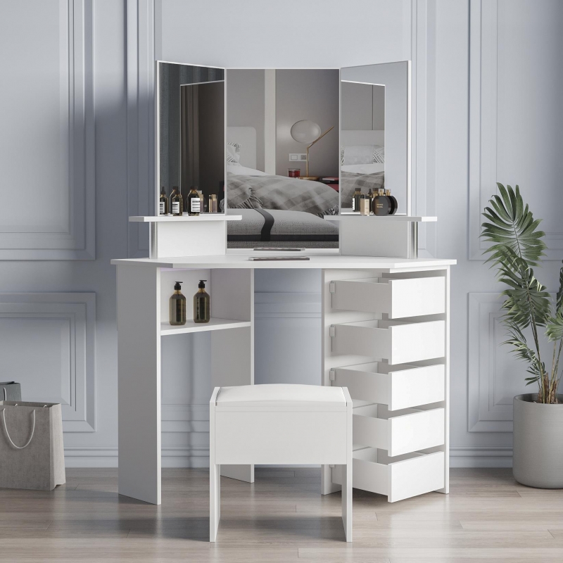 Ktaxon Corner Vanity Table Set Dressing Table Make Up Desk With Three-fold  Mirror and 5 Rotary Drawer Wooden Bedroom (White) - ktaxon