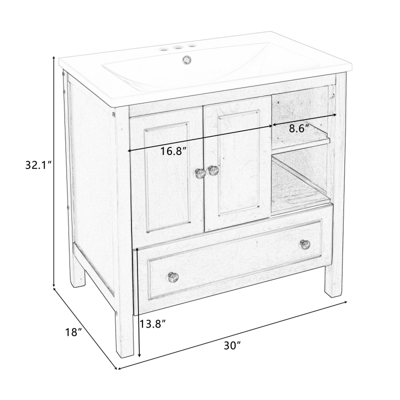 Ktaxon Modern 30 Inch Bathroom Vanity with Sink and Mirror, Freestanding  Bathroom Cabinet with Door, 2 Drawers & Storage Shelf Space Saver Organizer,  Gray Finish 