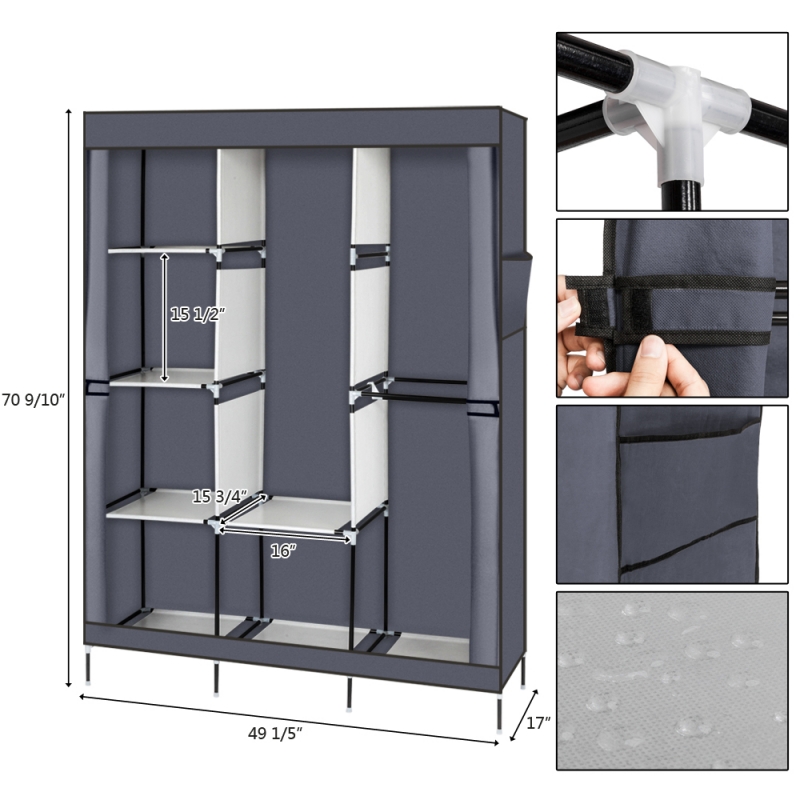 Ktaxon Portable Wardrobe 4 Layers 8 Compartments with Cloth Cover 3 Hanging Rod 125 43.18 180cm Clothes Rack Storage Organizer with Shelf Gray