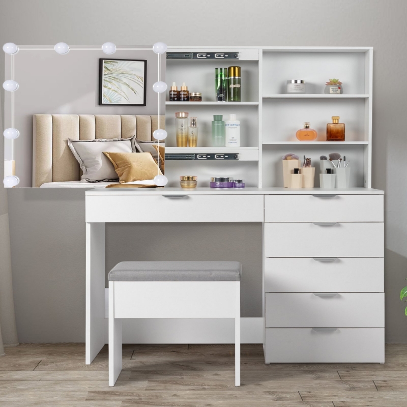 Ktaxon elegance white dressing table vanity table and stool shop set wood makeup desk with 4 drawers & mirror