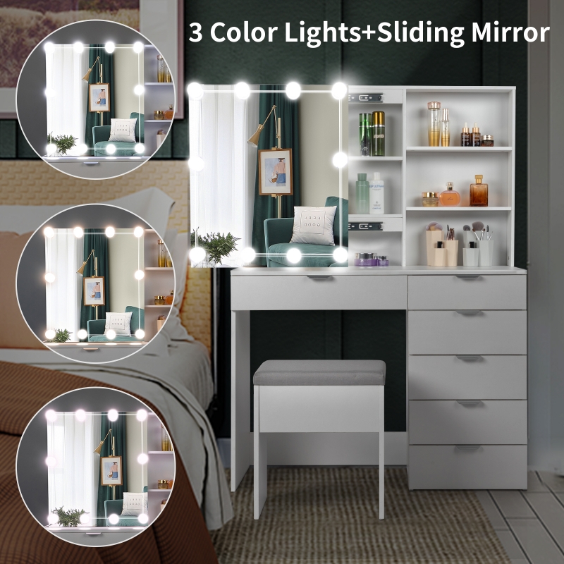 Makeup Vanity Desk with Lights, 3 Lighting Colors, White Vanity Set Makeup  Table with 3 Drawers, 2 Cabinets and Multiple Shelves, Large Vanity