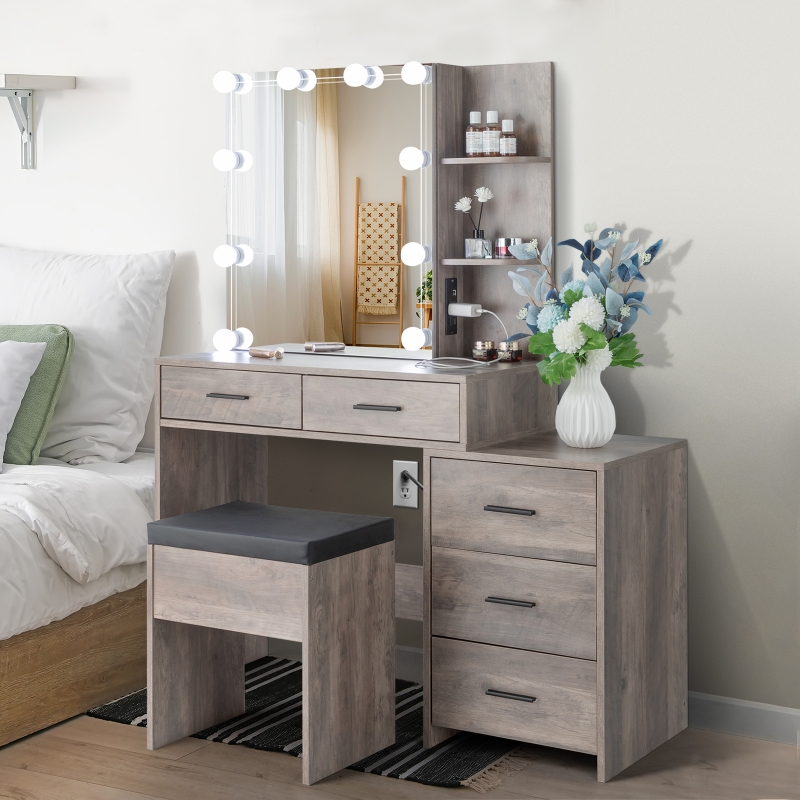 Ktaxon 3 Color Lighted Vanity Set & Charging Station,Makeup Dressing Table  with Sliding Lighted Mirror, Dresser Desk and Cushioned Stool Set (Retro  Gray) - ktaxon