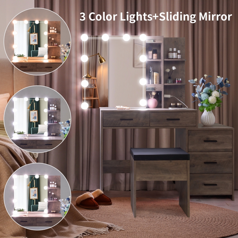 Vanity Table Set with Voice Control, Makeup Table w/ Wireless Charge Station,With  LED lights and makeup stool， - AliExpress