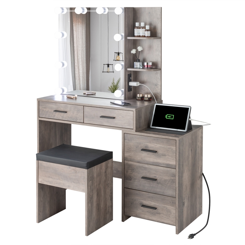 Amazon.com: Homsee Vanity Desk Set Makeup Table with Large Sliding Lighted  Mirror, Dressing Table with 5 Drawers, Storage Shelves & Cushioned Stool  for Bedroom, White : Home & Kitchen