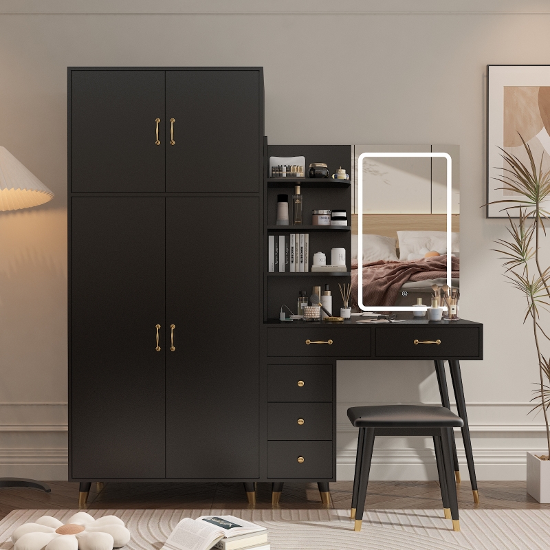 slim fit dress slacks Black and Gold Makeup Vanity Table with Stool, 3 Color Lighted Mirror   Home And More Direct