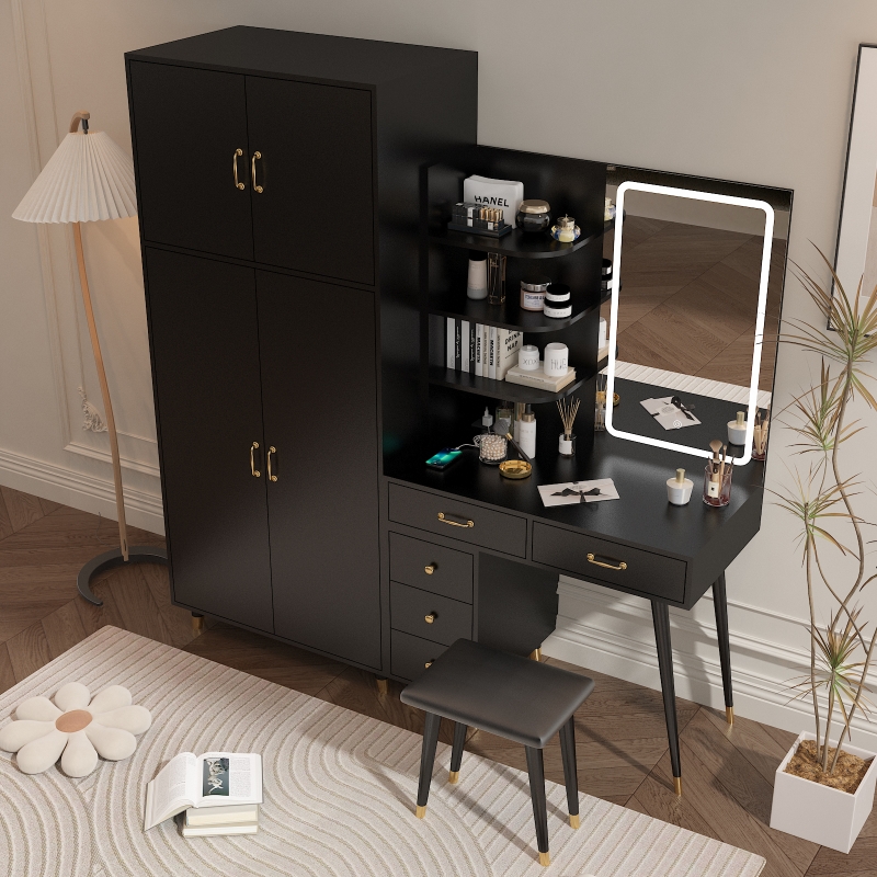 Ktaxon Makeup Vanity Table and Armoire Wardrobe Set, Dressing Table  Adjustable Closet Furniture Set with USB Chargiing Station& 3 Color Lighted  Mirror, Black - ktaxon