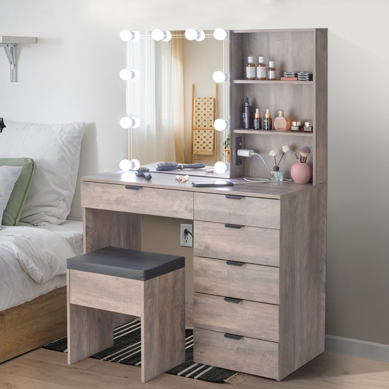 Ktaxon Vanity Table Set with 3 Color Light, Makeup Vanity Desk with 6  Drawers, with USB Charging Station for Bedroom, Grey - ktaxon