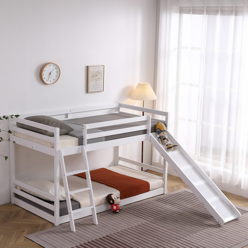 Ktaxon Solid Wood Low Twin Over Twin Bunk Bed Wih Slide for Kids ...