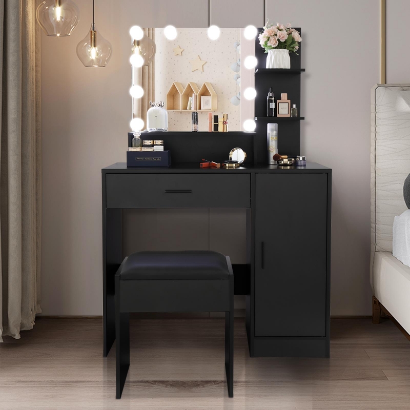 ruffle hem dress black Costway Black Vanity Set of Mirror Drawers Storage Box Makeup – US  Fireplace Store main image 0